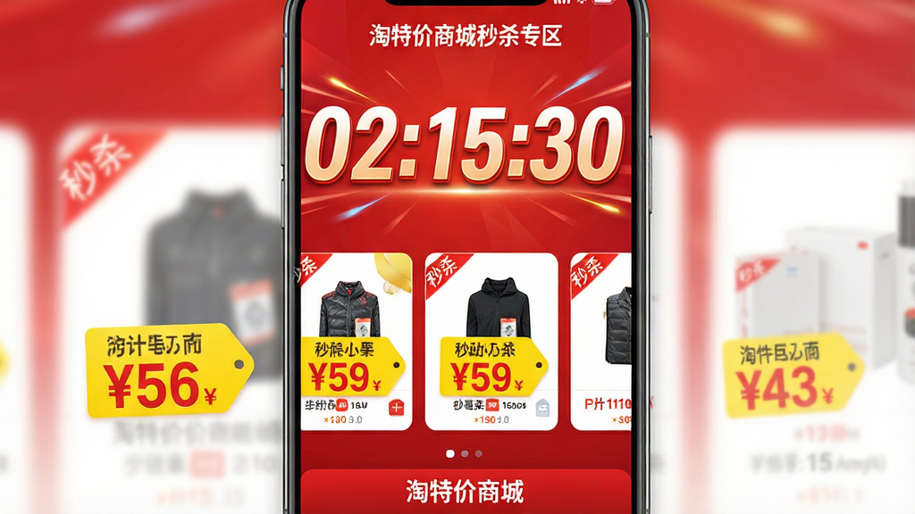 主体:淘特价商城秒杀专区页面,背景为红色渐变,中央显示倒计时“02:15:30”,下方排列着几件秒杀商品,价格用黄色标签突出。布局:手机竖屏,秒杀倒计时置于顶部,商品卡片横向滑动。排版:倒计时数字巨大且有动态感,商品价格醒目。风格:促销氛围强烈,色彩鲜艳。细节:商品图片角落有“秒杀”角标,底部有“淘特价商城”字样。画质:高清,干净无多余元素