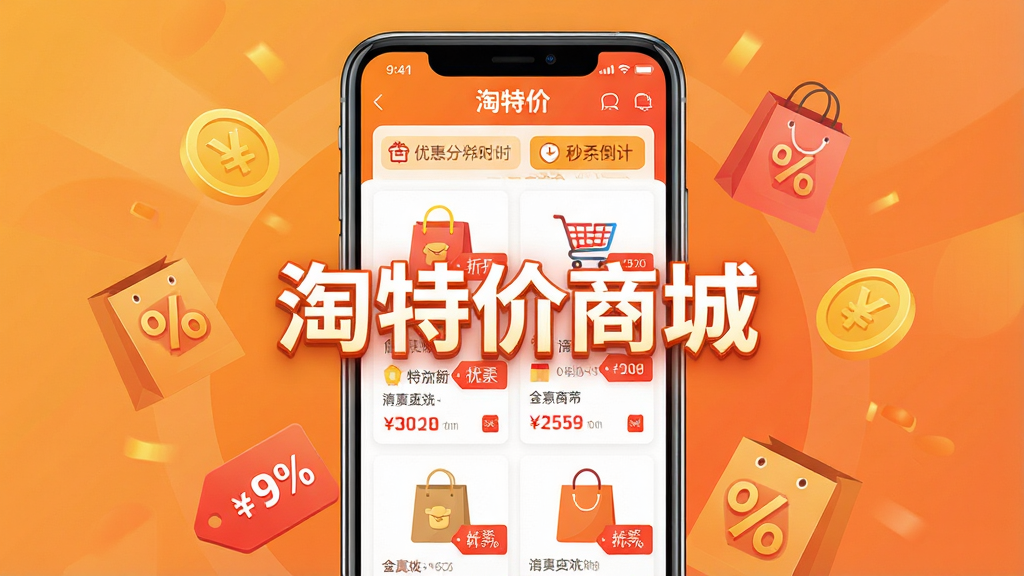 主体:淘特价商城APP界面展示,手机屏幕内显示商品列表、优惠券图标、价格标签,背景为暖橙色渐变,中央悬浮“淘特价商城”字样。布局:手机居中,周围有金币、购物袋、折扣标签等元素环绕。排版:界面信息层级分明,商品卡片整齐排列,价格用醒目红色标注。风格:扁平化设计,色彩明亮活泼,电商促销氛围。细节:商品图片清晰,价格标签、折扣信息、秒杀倒计时等元素完整。画质:高清渲染,干净无多余元素