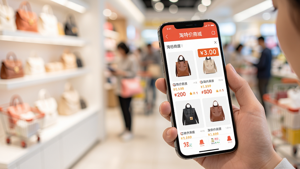 主体:用户手持手机正在使用淘特价商城APP,屏幕显示商品列表,背景为模糊的购物场景。布局:手持手机位于画面中央偏右,左侧有空白区域。排版:手机屏幕内容清晰可见,价格标签突出。风格:生活化,真实感。细节:手机屏幕上隐约可见“淘特价商城”字样。画质:高清,背景虚化,主体突出,无多余元素