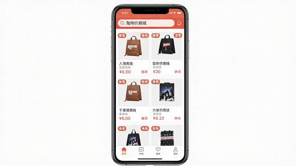 主体:手机屏幕展示淘特价商城的首页推荐信息流,包含各类商品卡片,每张卡片有图片、名称、价格和“推荐”标签。布局:手机竖屏,背景为白色,商品卡片以瀑布流形式排列。排版:卡片大小统一,价格用红色字体。风格:干净清爽,电商风格。细节:顶部搜索栏有“淘特价商城”字样,底部有导航栏。画质:高分辨率,无多余元素