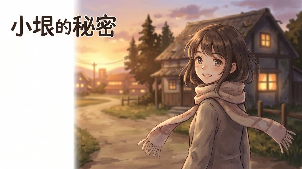 主体:一位名叫小垠的少女站在黄昏的乡村小路上,面带微笑回望身后朦胧的旧宅;布局:人物居中偏右,远景为暖色调小镇与树影,构图留白左侧放游戏logo“小垠的秘密”;排版:干净清爽,文字位于画面左上方;风格:日式治愈系手绘插画,柔和光影,细腻笔触;细节:少女的围巾与发丝被微风拂动,远处窗户透出暖光;画质:高清细腻,干净无多余元素