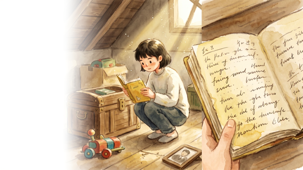 主体:主角小垠蹲在阁楼木箱旁,手中拿起一本泛黄日记;布局:人物置于画面黄金分割点,四周散落旧物与尘埃光束;排版:画面左侧留白,右侧展现日记页特写;风格:手绘水彩风格,温暖而略带怀旧;细节:日记页上的字迹潦草,地面有旧玩具与相框;画质:柔和通透,干净无多余元素