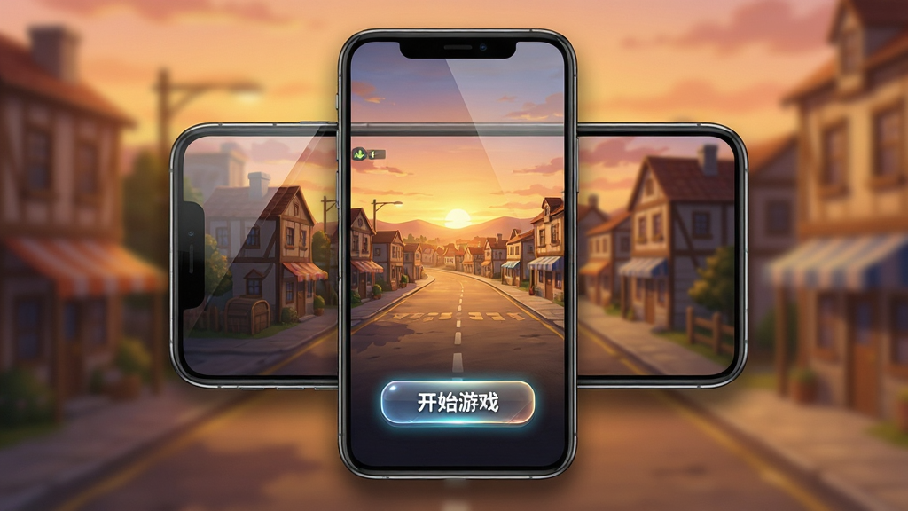 主体:手机屏幕显示游戏主界面,下方有“开始游戏”按钮,背景是小镇黄昏全景;布局:手机居中,屏幕内容清晰,周围有柔和阴影;排版:界面简洁,按钮醒目;风格:写实与二次元结合,色彩温暖;细节:屏幕边缘有反光,按钮带微光特效;画质:高清干净,无多余元素