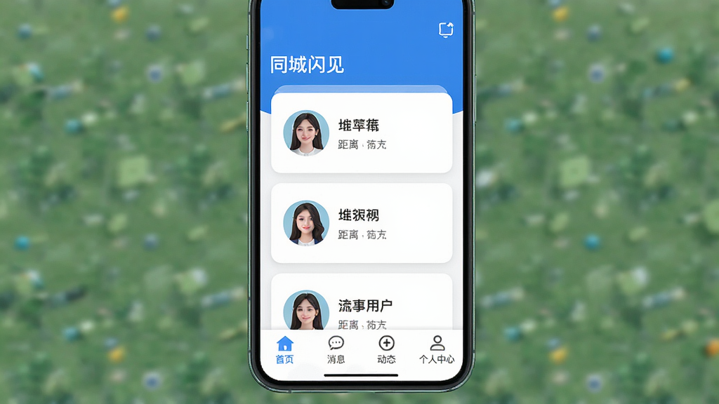 同城闪见手机应用主界面展示,界面风格清新简约,以蓝色和白色为主色调,屏幕中央显示附近用户卡片,卡片上有用户头像、昵称和距离信息,底部导航栏包含首页、消息、动态和个人中心四个图标,整体布局清晰,画质高清,干净整洁,无多余元素