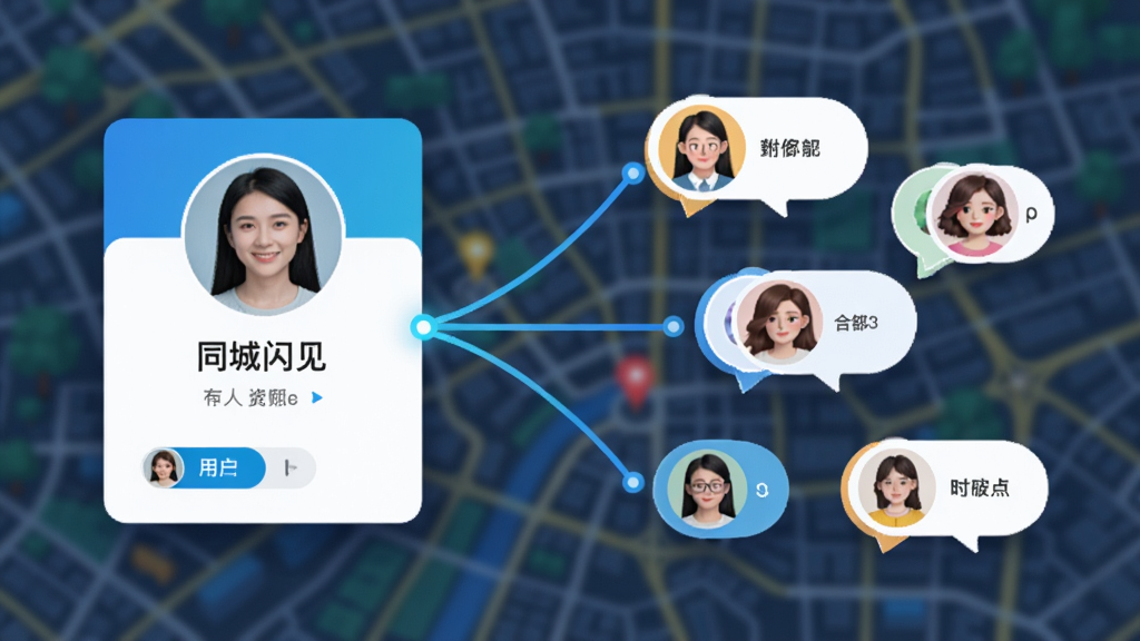 同城闪见智能匹配功能示意图,画面左侧显示用户个人资料卡,右侧展示多个附近用户头像气泡,中间有连接线表示匹配关系,背景为城市地图模糊效果,风格现代简洁,色彩明快,画质清晰,干净无多余元素