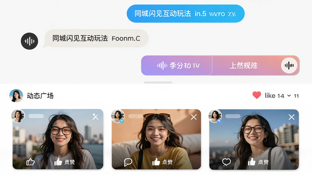 同城闪见互动玩法界面截图,画面分为上下两部分,上半部分显示聊天窗口,包含文字气泡和语音条,下半部分展示动态广场,有用户发布的照片和点赞评论按钮,整体风格活泼,色彩丰富,画质高清,干净无多余元素