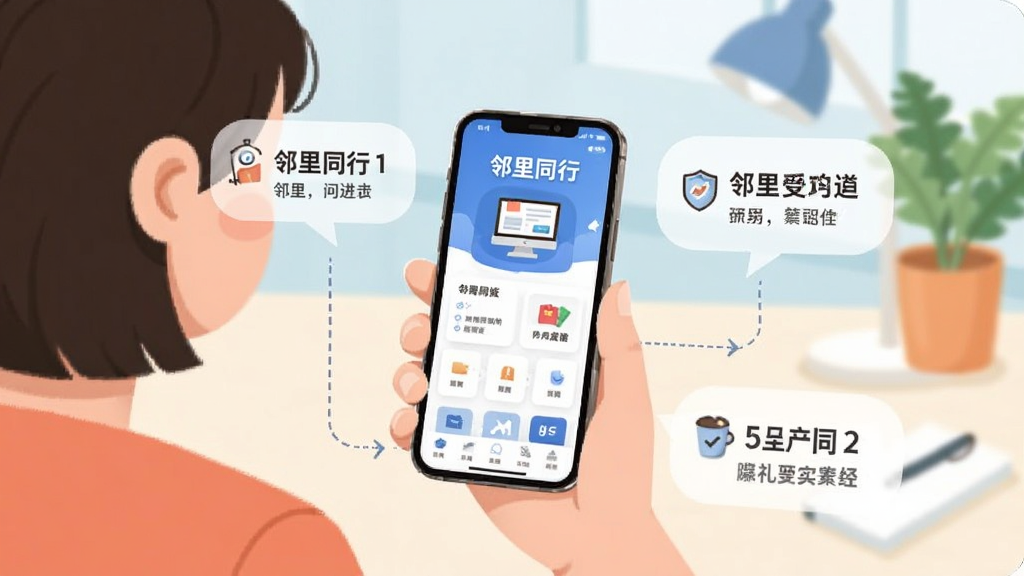 一张展示邻里同行APP使用教程的插图,画面中一位用户正在手机上操作邻里同行,旁边有步骤说明气泡,背景是简洁的室内书桌,整体风格清晰易懂,色彩明快,画质干净,无多余元素,文字标注“邻里同行”