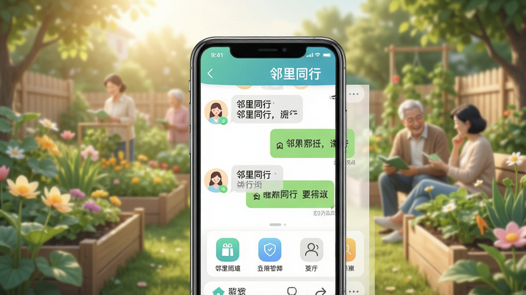 一幅展示邻里同行软件主界面的高清截图,背景是温馨的社区花园,前景是手机屏幕,屏幕中显示邻里同行APP的聊天界面和功能图标,整体风格明亮清新,色彩柔和,注重细节,画质干净,无多余元素,文字标注“邻里同行”