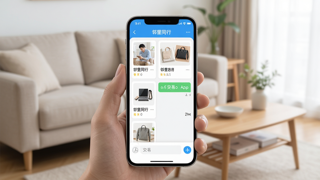 一张展示邻里同行APP二手交易功能的界面图,手机屏幕上显示商品列表和交易对话框,背景是简洁的室内环境,有沙发和茶几,商品图片清晰可见,整体风格干净明亮,注重实用感,画质细腻,无多余元素,文字标注“邻里同行”