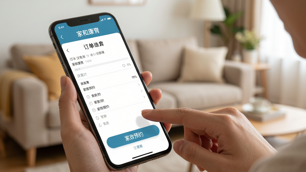 主体:用户使用手机操作家和康育APP的场景,手指点击家政预约按钮。布局:手机特写,屏幕显示订单详情页。排版:简洁,突出操作焦点。风格:真实摄影风格。细节:手机屏幕上有“家和康育”字样,背景为温馨家庭客厅。画质:高清,干净,无多余元素。