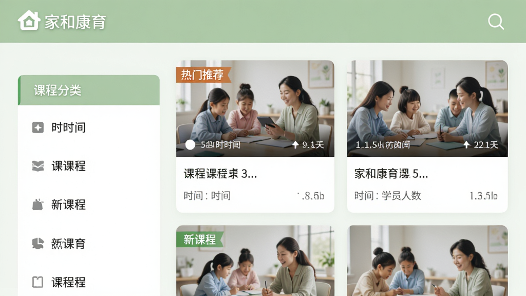 主体:家和康育培训课程页面,展示课程列表和讲师介绍。布局:左侧课程分类,右侧课程卡片,包含课程封面图、时长、学员人数。排版:简洁清晰,信息直观。风格:教育学习类APP常见风格,淡绿色调。细节:课程卡片上标有“热门推荐”、“新课程”标签,顶部有“家和康育”品牌标识。画质:高清,干净无多余元素。