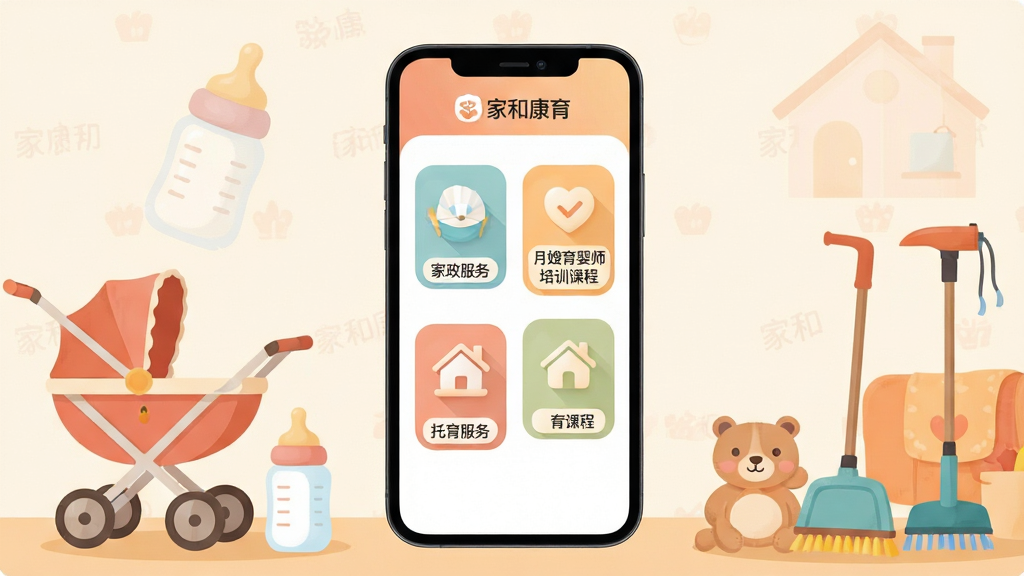 主体:家和康育APP界面展示,手机屏幕中显示家政服务、月嫂育婴师培训课程、托育服务等核心功能模块图标。布局:手机居中,屏幕内容清晰可见,周围环绕温馨家庭场景元素,如婴儿车、奶瓶、家政工具等。排版:图标排列整齐,色彩柔和,界面简洁。风格:现代扁平化设计,结合温暖色调,突出家庭关爱氛围。细节:屏幕上显示“家和康育”字样和品牌LOGO,功能图标带有小标签,背景有淡淡的水印图案。画质:高清渲染,干净无多余元素。