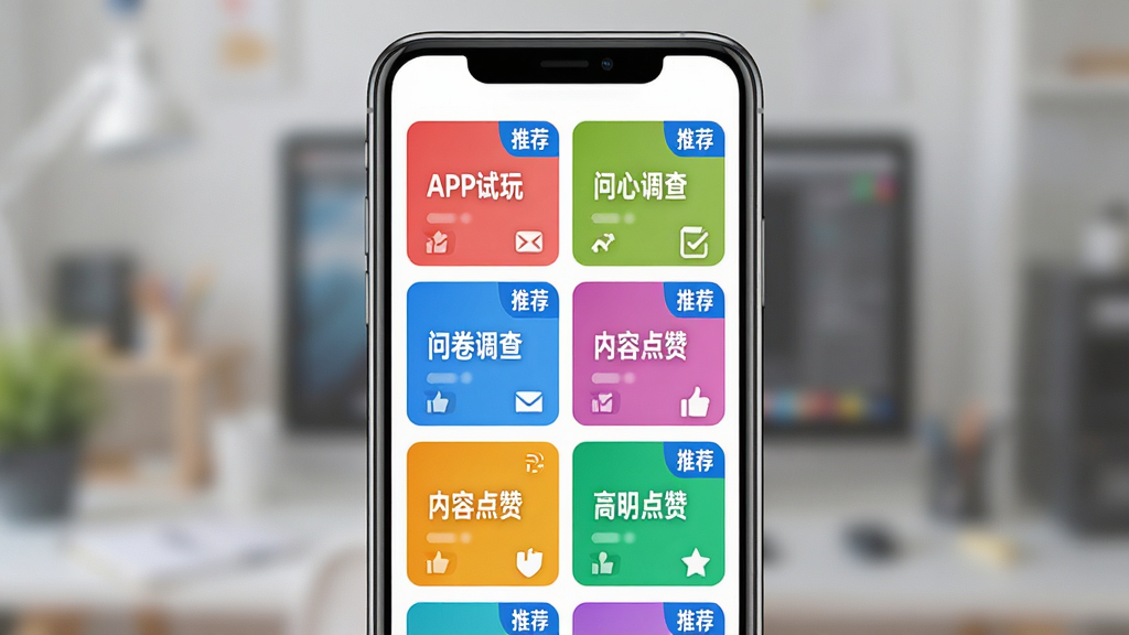 项目帮客APP任务大厅界面截图,屏幕上有多个彩色卡片,每张卡片显示不同兼职任务,如
