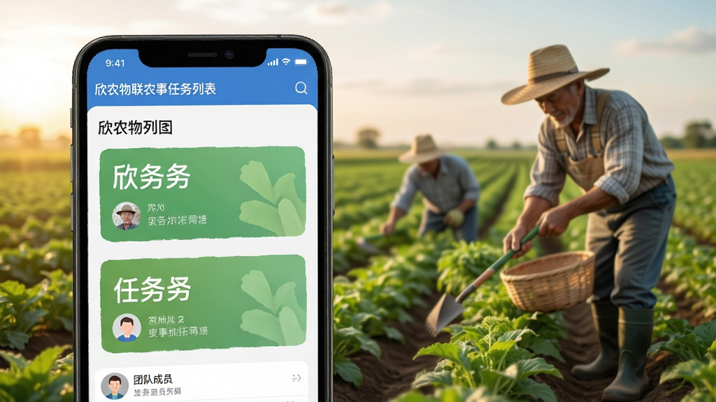 欣农物联农事任务列表,手机屏幕显示任务卡片与日历,团队成员头像,背景是农民在田间劳作,自然光线,应用界面简洁,高清渲染,干净无多余元素