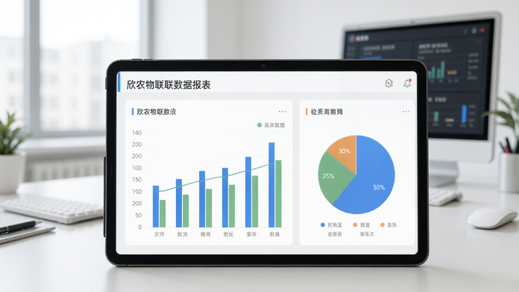 欣农物联数据报表页面,平板展示柱状图与饼图,数据可视化元素,背景是办公室与电脑,现代简约风格,清晰明亮,画质干净