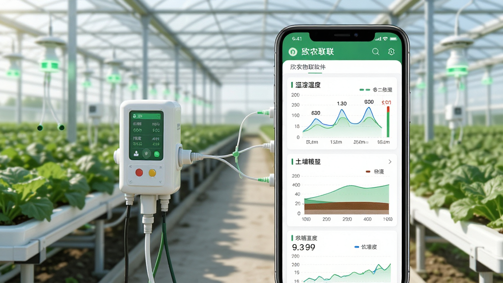 欣农物联软件主界面展示,智能手机与农田物联网设备连接,屏幕显示温湿度、土壤数据图表,背景是现代化农业大棚,绿色科技感,界面简洁明亮,高清渲染,干净无多余元素