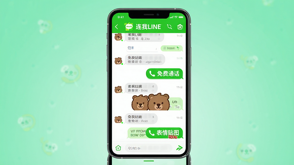 ���壺������LINE��Ӧ�ó�����棬�ֻ���Ļ��ʾ�����б��Ϳɰ��Ĳ����ܿ�ͨ���󡣲��֣����й�ͼ���ֻ�λ�ڻ������룬����Ϊ���µı�����ɫ���䡣�Ű棺����Ԫ���������������ݺ͹���ͼ���������򡣷�񣺱�ƽ����Ʒ��ɫ�����졣ϸ�ڣ���Ļ��չʾ������LINE������ɫƷ��Logo�������С����ͨ�����͡�������ͼ�������ֱ�ǩ�����ʣ���������Ⱦ�����ʸɾ����޶���Ԫ�ء�