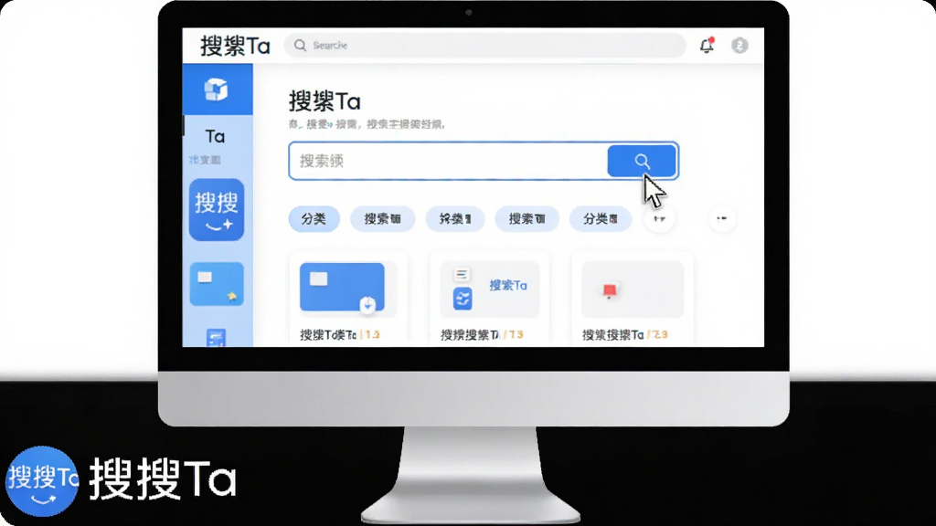 主体:软件主界面展示,一台电脑屏幕显示搜搜Ta的搜索结果页面,界面干净整洁。布局:中心构图,电脑屏幕占据画面主体,周围留白,屏幕下方有搜搜Ta的Logo和名称。排版:屏幕内显示搜索框和分类标签,排列有序。风格:现代扁平化,色彩明亮,蓝白主色调。细节:屏幕中高亮显示“搜搜Ta”字样,鼠标指针悬停在搜索按钮上。画质:高清,干净,无多余元素。