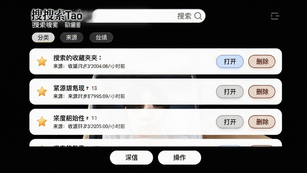 主体:搜搜Ta的收藏夹界面,展示收藏列表。布局:列表式布局,每条收藏显示标题、来源和时间。排版:顶部有搜索框和分类标签,底部有操作按钮。风格:清爽素雅,白色背景,圆角卡片。细节:收藏条目有星标图标,右侧有“打开”、“删除”按钮。画质:高清,干净,无多余元素。