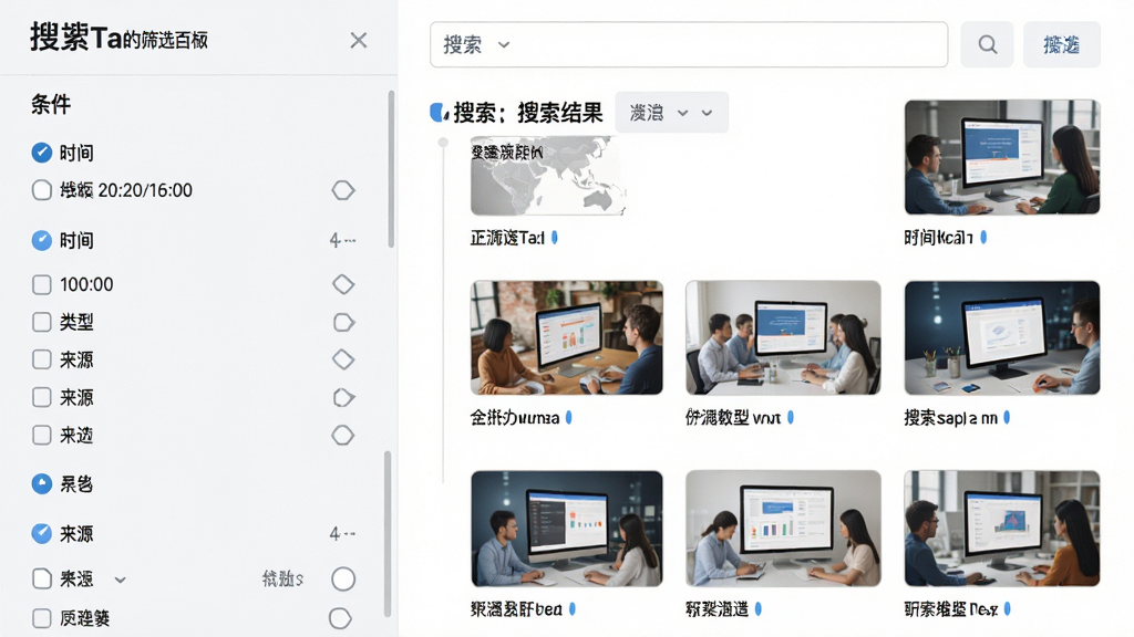 主体:搜搜Ta的筛选面板截图,展示各种筛选条件。布局:左侧是条件列表,右侧是搜索结果预览,采用左右分栏式布局。排版:条件列表按类别分组,清晰明了。风格:简洁商务,浅色背景。细节:筛选条件有“时间”、“类型”、“来源”等选项,右侧结果缩略图清晰。画质:高清,干净,无多余元素。