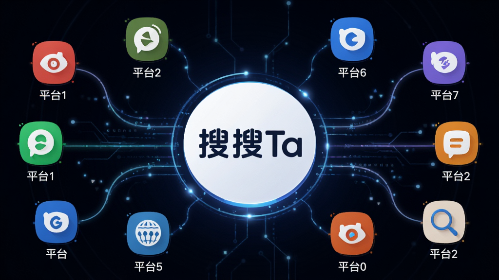 主体:搜搜Ta软件功能示意图,展示多平台聚合的概念。布局:中央是搜搜Ta的圆形Logo,周围环绕着多个不同颜色的小图标(代表不同平台),有线条连接到中央。排版:图标均匀分布,线条流畅。风格:科技感,未来感,深色背景。细节:每个小图标下方标注“平台1”、“平台2”等字样,中心Logo放大突出。画质:高清,干净,无多余元素。