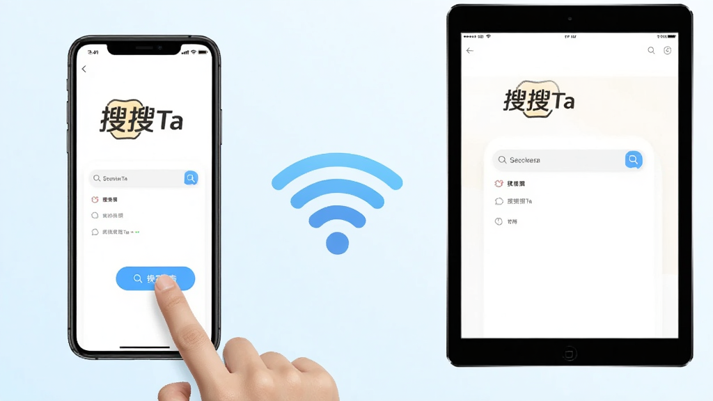 主体:搜搜Ta在手机和平板上的使用场景,展示移动端界面。布局:左侧是手机,右侧是平板,中间有无线网络符号。排版:设备并排,屏幕显示搜索界面。风格:生活化,明亮,浅色背景。细节:手机屏幕上有“搜搜Ta”字样,手指点击搜索按钮。画质:高清,干净,无多余元素。