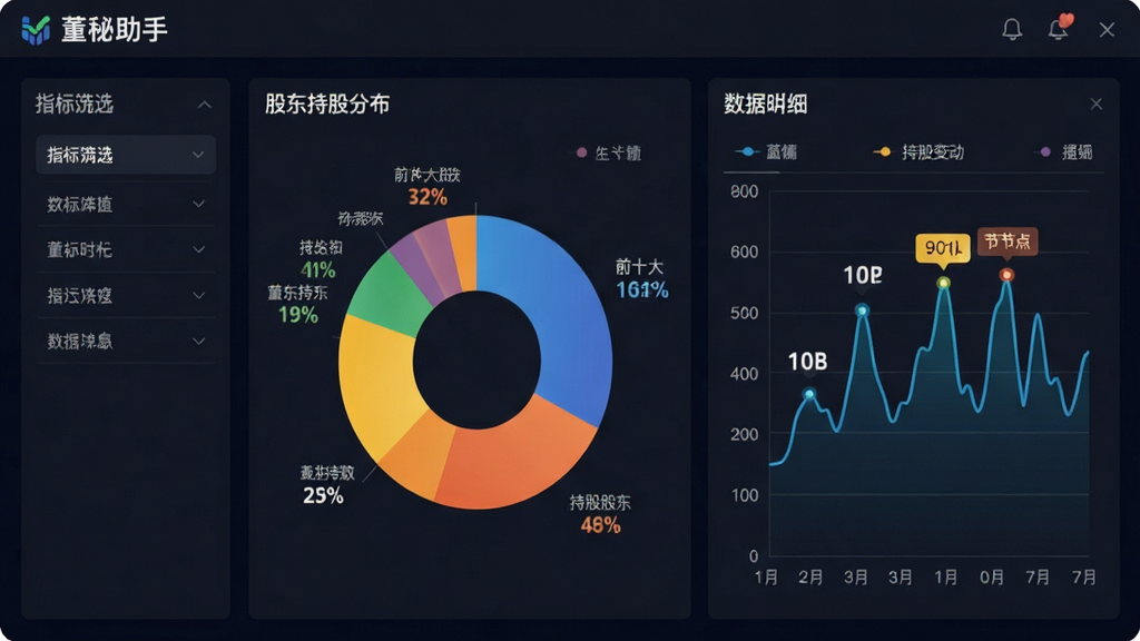 主体:董秘助手软件的数据分析界面,展示股东持股分布饼图与持股变动折线图。布局:图表居中,左侧为指标筛选面板,右侧为数据明细表。排版:图表标签清晰,数字醒目,色彩搭配和谐。风格:商务数据可视化风格,深色背景配亮色图表。细节:饼图显示前十大股东占比,折线图标注关键变动节点,界面左上角有“董秘助手”Logo。画质:高清,干净,无多余元素。
