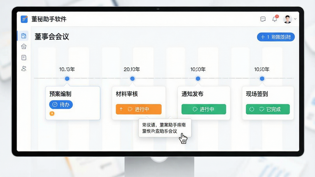 主体:董秘助手软件的会议管理界面,显示“董事会会议”日程时间线。布局:横向时间轴贯穿屏幕,每个节点对应会议任务卡片。排版:卡片式布局,任务状态用颜色区分(待办、进行中、已完成)。风格:简洁明亮的协作工具风格,以白色为主色,蓝色与橙色点缀。细节:时间轴上清晰标出“预案编制”“材料审核”“通知发布”“现场签到”等节点,鼠标悬停显示详情。画质:干净,无多余元素。