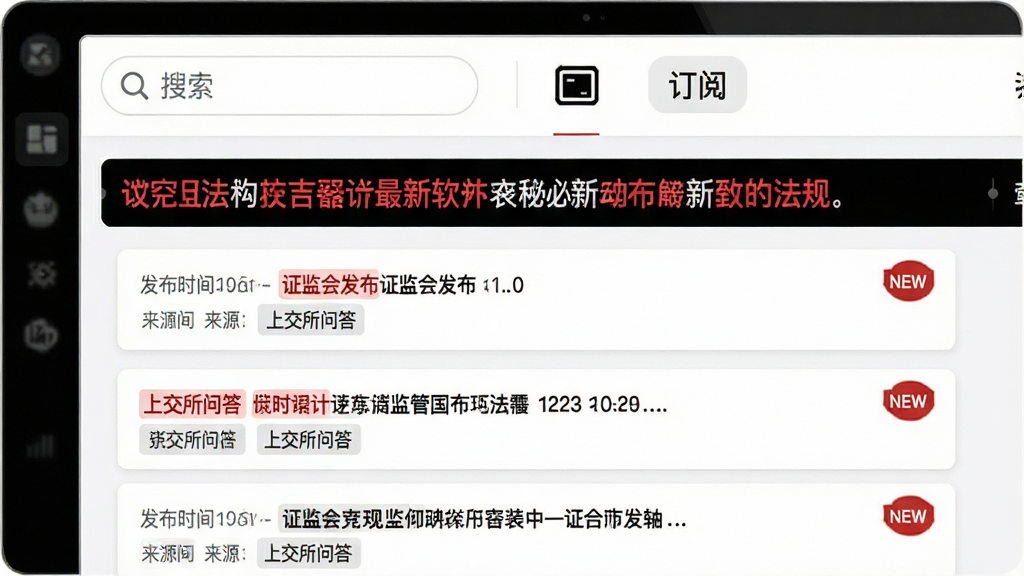 主体:董秘助手软件的监管动态界面,屏幕中央滚动显示最新法规标题。布局:顶部为搜索栏和订阅标签,下方为资讯列表流。排版:每条资讯以卡片形式呈现,包含发布时间与来源标签。风格:新闻资讯类界面,白底黑字,重点内容红色高亮。细节:列表中有“证监会发布”“上交所问答”等来源标识,并带有“NEW”标记。画质:干净,无多余元素。