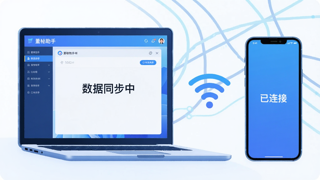 主体:一台笔记本电脑和一部长手机并排摆放,屏幕中均显示董秘助手软件界面。布局:电脑在左,手机在右,中间有无线信号图标。排版:画面简洁,电脑屏幕显示“数据同步中”字样,手机屏幕显示“已连接”。风格:科技感插画,蓝色调为主。细节:背景有抽象的数据流线条,强调跨设备协同。画质:干净,无多余元素。