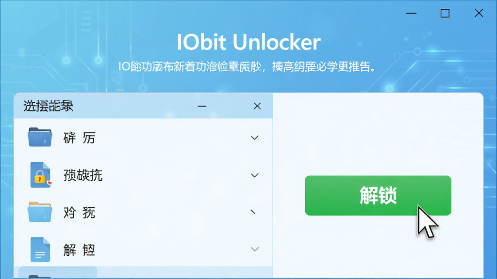 主体:IObit Unlocker软件主界面,展示一个被锁定的文件图标和“解锁”按钮,背景为浅蓝色科技感渐变。布局:界面居中,左侧为文件列表,右侧为操作按钮,整体简洁明了。排版:标题“IObit Unlocker”位于顶部,下方为功能说明文字。风格:现代扁平化设计,色彩明亮,图标清晰。细节:文件图标上有一个小锁头,解锁按钮为绿色高亮,鼠标指针悬停状态。画质:高清,干净,无多余元素。