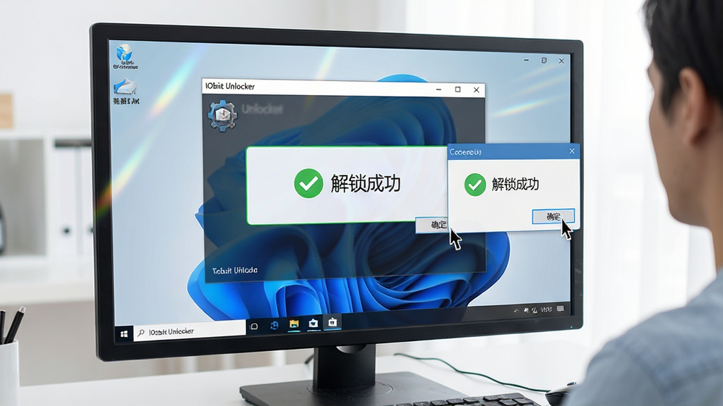 主体:电脑屏幕前用户正在操作IObit Unlocker,界面显示解锁成功提示,背景为Windows桌面。布局:屏幕中央为软件界面,右侧为成功弹窗,下方为任务栏。排版:弹窗文字为“解锁成功”,绿色对勾图标。风格:写实风格,明亮光线,桌面整洁。细节:鼠标指针在“确定”按钮上,屏幕反射微光。画质:高清,干净,无多余元素。