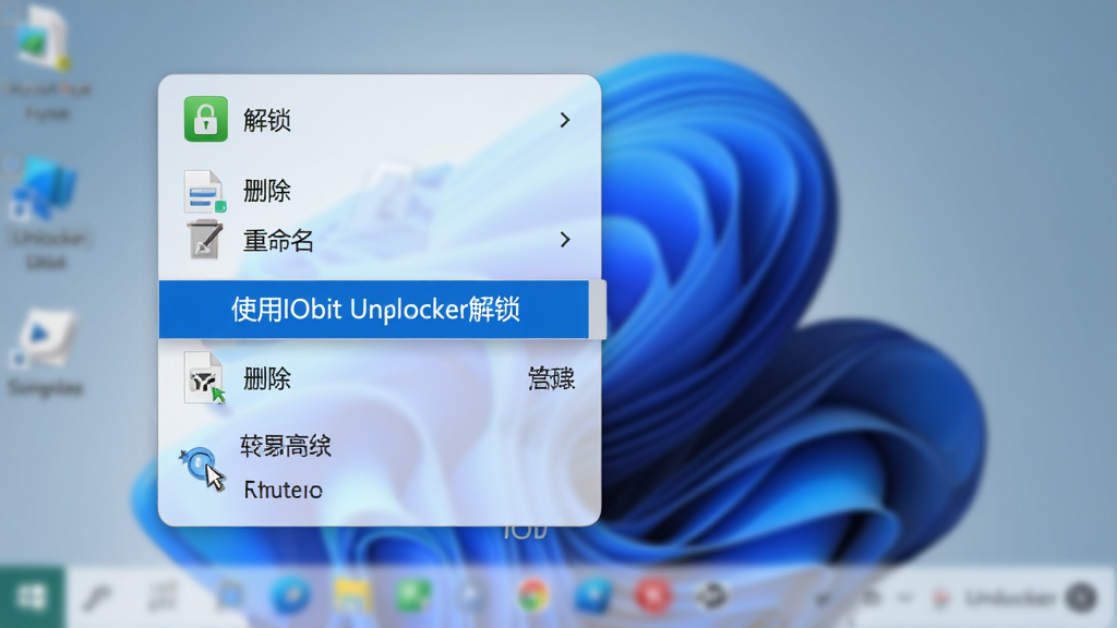 主体:展示IObit Unlocker右键菜单界面,鼠标右键点击文件后弹出的菜单中高亮显示“使用IObit Unlocker解锁”选项。布局:菜单列表垂直排列,背景为半透明白色,下方为桌面壁纸模糊效果。排版:菜单文字清晰,高亮项为蓝色背景白色文字。风格:Windows 11风格UI,圆角边框,柔和阴影。细节:文件图标为绿色,菜单中有“解锁”“删除”“重命名”等选项。画质:高清,干净,无多余元素。