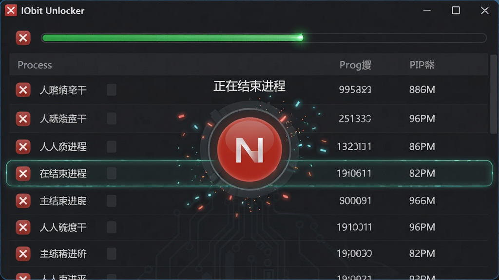 主体:IObit Unlocker主界面显示“正在结束进程”的动画,背景为深灰色科技感,中央有一个红色的停止按钮。布局:进程列表上方为状态栏,显示进度条,下方为多个进程名称和PID号。排版:信息以表格形式展现,字体为白色,高亮当前结束的进程。风格:深色主题,现代科技风格,带有发光效果。细节:进程图标为红色叉号,进度条为绿色,周围有闪烁的粒子效果。画质:高清,干净,无多余元素。