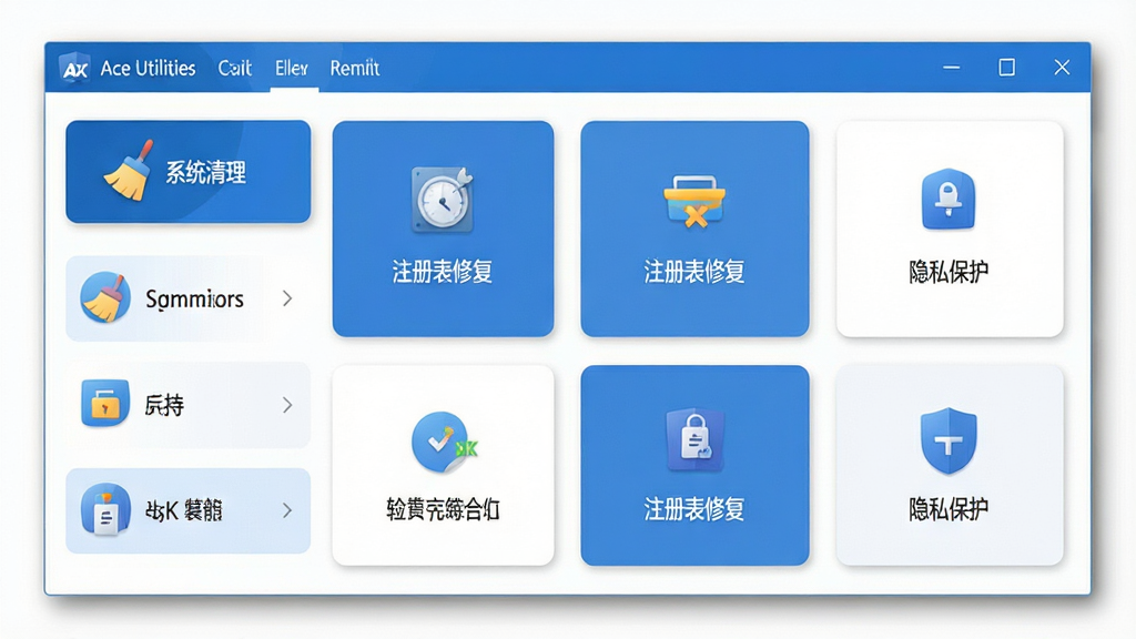 主体:Ace Utilities 软件主界面与功能模块展示;布局:界面左侧为功能列表,右侧为操作区域,上方为菜单栏;排版:采用现代简约的卡片式布局,图标与文字清晰排列;风格:扁平化设计,主色调为蓝色与白色搭配;细节:界面显示“系统清理”、“注册表修复”、“隐私保护”等中文功能标签,窗口边缘有柔和的阴影效果;画质:4K高清,干净,无多余元素