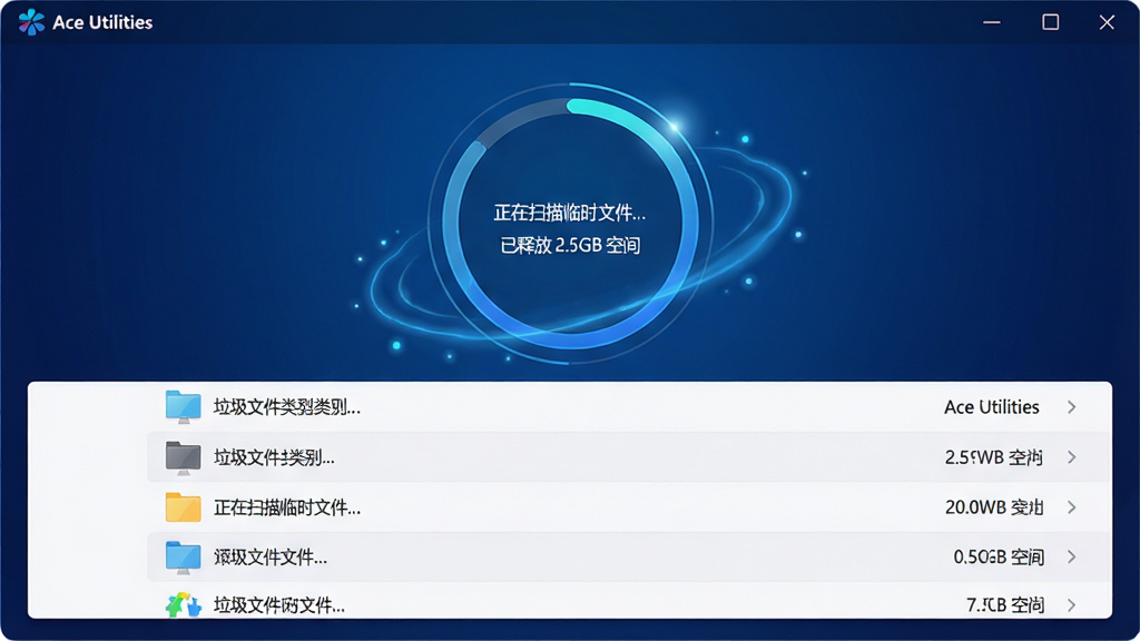 主体:Ace Utilities 正在扫描清理磁盘垃圾的界面;布局:屏幕中央显示扫描进度环,下方列出垃圾文件类别与大小;排版:信息以列表形式呈现,每个类别前有彩色图标;风格:科技感UI设计,背景为深蓝色渐变;细节:界面文字显示“正在扫描临时文件...”、“已释放 2.5GB 空间”,有动画光效;画质:高分辨率渲染,干净,无多余元素