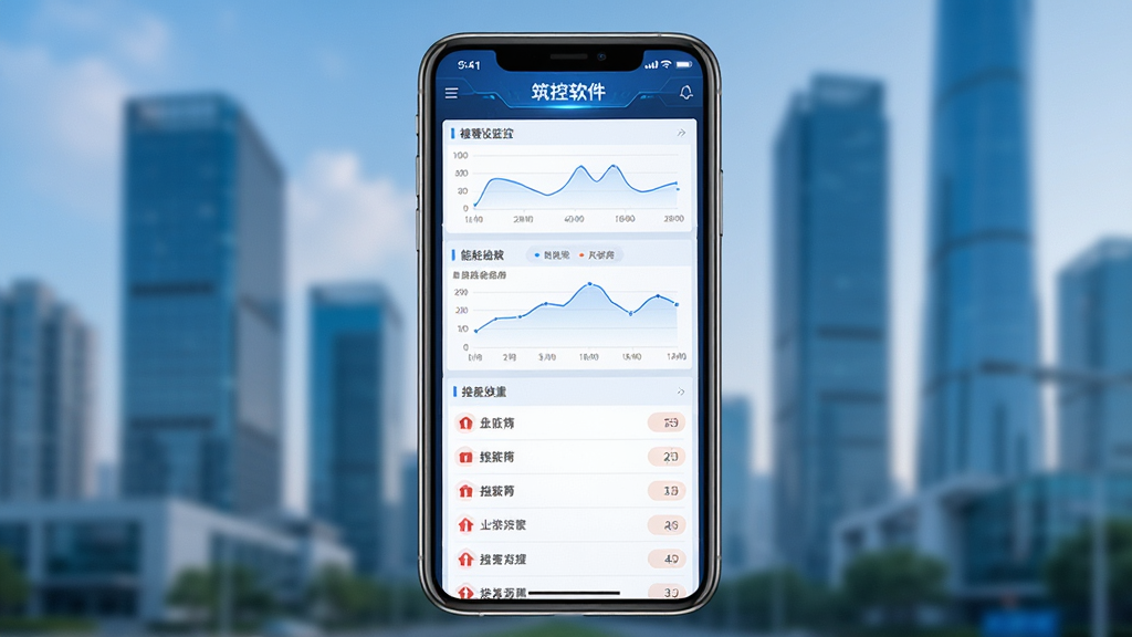 一张展示筑控软件在智能手机上运行的界面全貌图,屏幕内呈现楼宇设备监控、能耗曲线、报警列表等核心功能模块,整体布局清晰,采用蓝色科技感主题色,背景为模糊的现代化城市楼宇,画质高清,干净整洁,无多余元素。