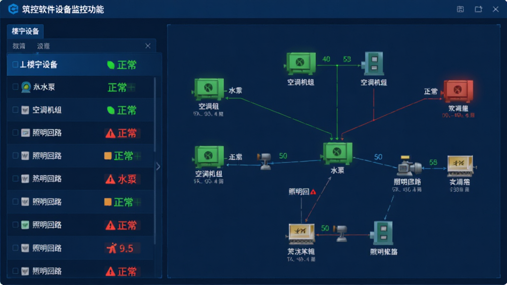 筑控软件设备监控功能界面截图,左侧为楼宇设备列表,右侧为动态拓扑图,展示空调机组、水泵、照明回路等设备的实时运行状态,绿色代表正常,红色代表报警,界面采用深蓝色背景,数据清晰,画质细腻,无多余元素。