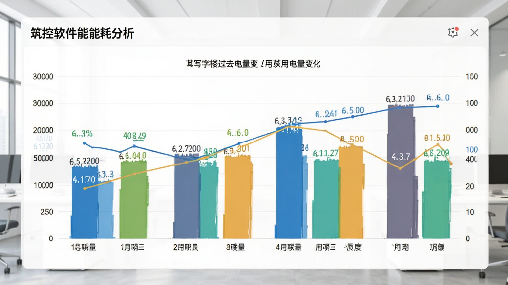 筑控软件能耗分析页面展示,以柱状图和折线图呈现某栋写字楼过去一周的用电量变化,不同楼层用不同颜色区分,界面简洁明亮,数据标注清晰,背景为浅灰色办公环境,画质高清,无多余元素。