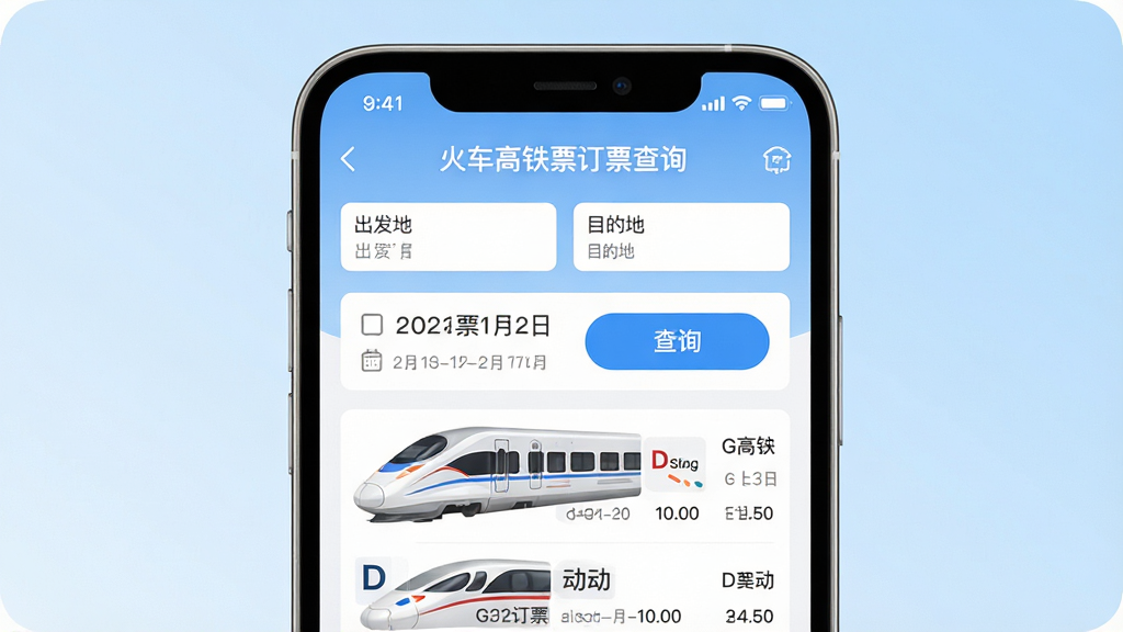 ����ʵ�ķ���ֻ���Ļռ�ݻ������룬������ʾ���𳵸���Ʊ��Ʊ��ѯ��Ӧ����ҳ���Ϸ�Ϊ�����ء�Ŀ�ĵ�������м�������ѡ�����ѯ��ť���·�����չʾG��ͷ������D��ͷ�����б�������Ϊǳ��ɫ���䣬�����Ű�ɾ�������ͻ����һ����Ʊ�����ܣ�����ϸ�壬�޶���Ԫ�ء�
