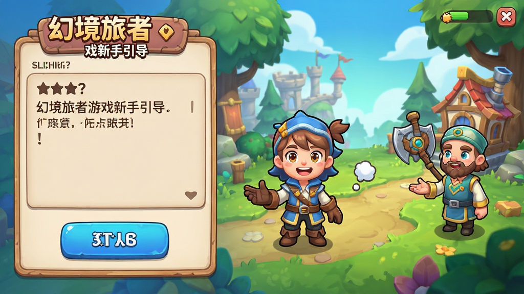 主体:幻境旅者游戏新手引导界面,游戏角色正在与新手引导员对话;布局:左侧为对话面板,右侧为游戏场景;排版:对话框文字清晰,按钮醒目;风格:卡通风,色彩明快;细节:角色表情生动,场景细节丰富;画质:高清,干净无多余元素