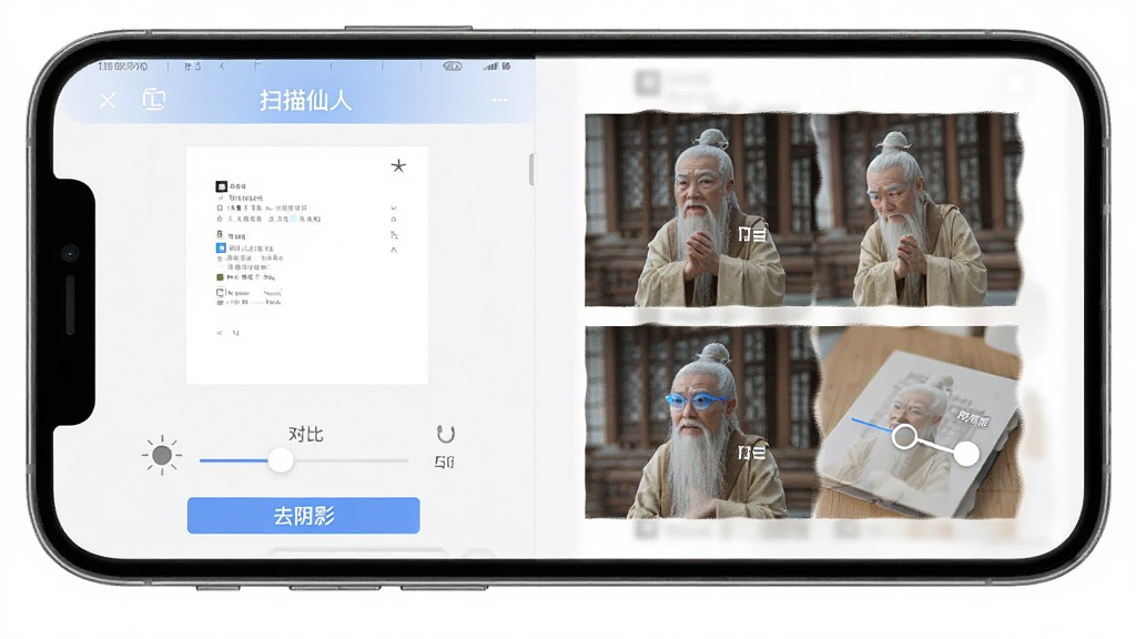 展示扫描仙人的图像处理功能,主体为手机屏幕中显示一个文档编辑界面,有亮度、对比度滑块,下方有去阴影按钮,界面有“扫描仙人”字样,布局为左右分栏,风格简约,细节包括调整前后对比效果,画质高清干净
