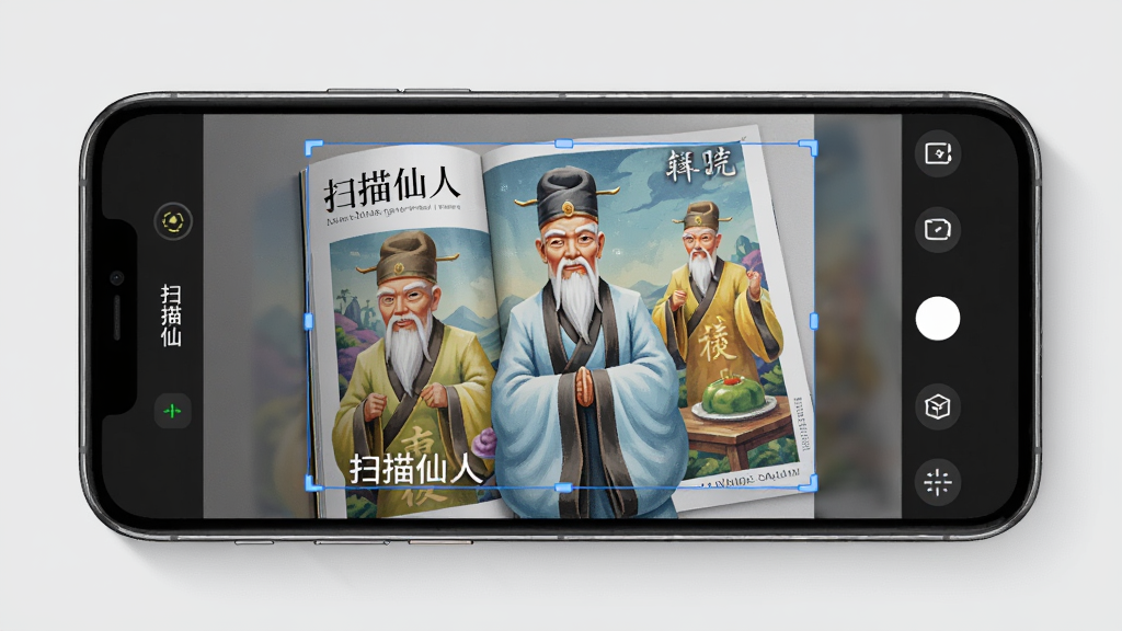 展示扫描仙人的高清扫描功能,主体为手机扫描一份彩色杂志页面,屏幕中显示扫描后的高清效果,边缘自动识别框线,界面有“扫描仙人”字样,布局为手机居中,背景浅灰,风格写实,细节包括光线校正和色彩还原,画质清晰干净