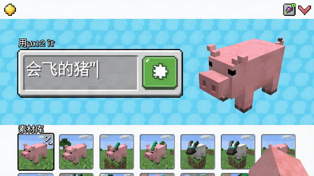 主体:我的世界模组制作AI的AI生成功能界面,显示一个输入框,用户输入“会飞的猪”,右侧正在生成粉色的猪模型。布局:中心突出输入框与生成按钮,下方是素材库缩略图。排版:简洁清晰,引导性强。风格:明亮色彩,卡通化元素。细节:画面干净,无多余文字。画质:高分辨率,像素清晰。