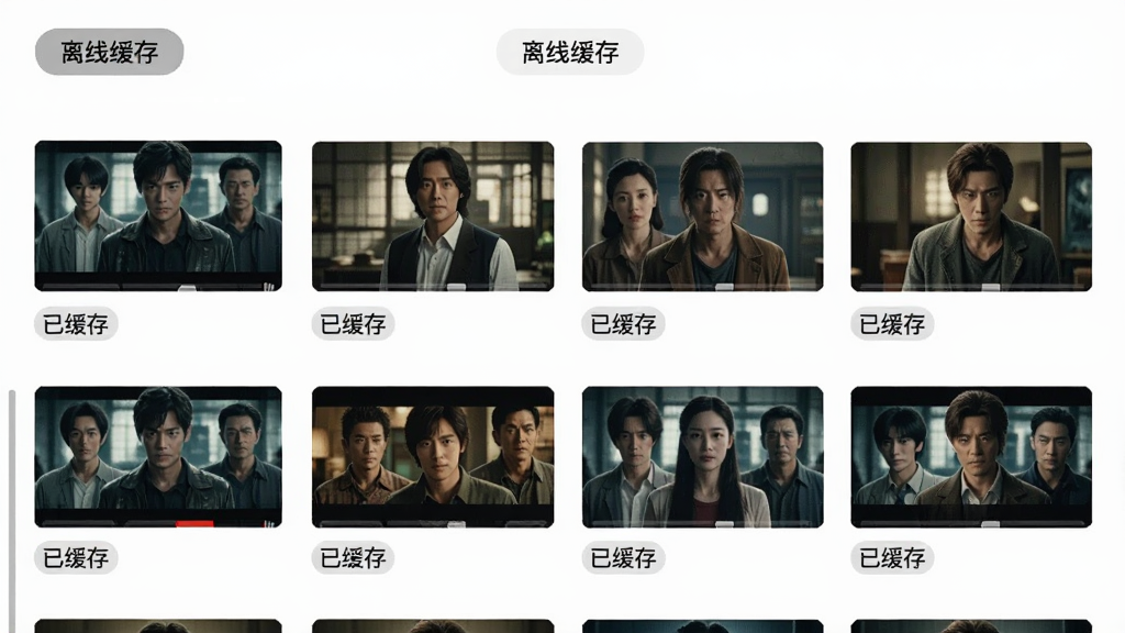 展示星映盒缓存管理页面的预览图,页面列表显示已缓存的影视剧集缩略图,每个项目下方有“已缓存”状态标识,顶部有“离线缓存”标签,布局整齐,风格简约,画质干净,无多余元素