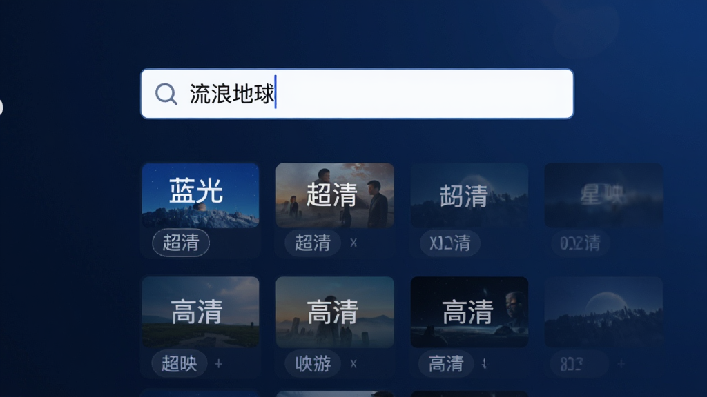 展示星映盒搜索功能的预览图,画面中央为搜索框,输入“流浪地球”后,下方呈现出多个清晰度标识的播放源列表,包括“蓝光”“超清”“高清”等标签,界面布局简洁,背景为深蓝色渐变,画质干净,无多余元素