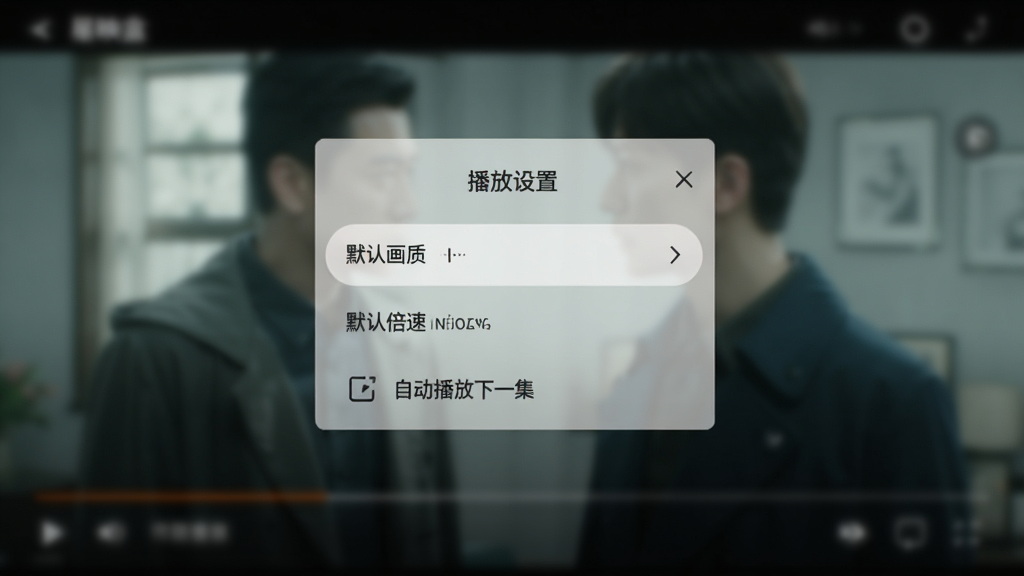 展示星映盒播放设置界面的预览图,画面中央显示“播放设置”菜单,包含“默认画质”“默认倍速”“自动播放下一集”等选项,背景为模糊的影视播放画面,布局清晰,风格简约,画质干净,无多余元素