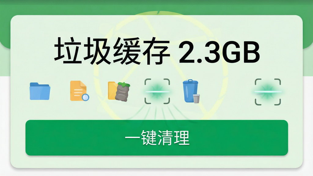 享净手机助手应用界面截图,主体是垃圾清理功能页,上方显示“垃圾缓存 2.3GB”的醒目数字,下方有“一键清理”大按钮,背景为浅绿色卡片式UI设计,布局左右对称,风格Material Design,细节展现文件图标和扫描动画,画质清晰干净无多余元素