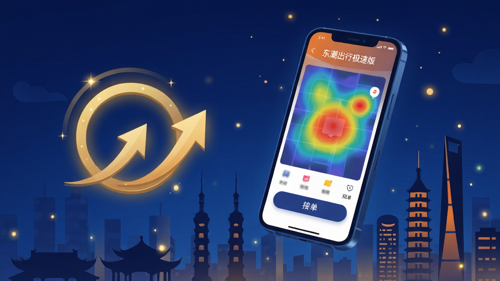 画面主体为一部亮着屏幕的智能手机悬浮在城市夜景上空,屏幕中清晰显示“东潮出行极速版”APP界面,界面内有彩色热力图与接单按钮;布局上手机居中偏右,左侧留白处配以金色光环与上升箭头;整体采用扁平化插画风格,色调以深蓝与橙色为主,强调科技感与效率感;细节上城市地标建筑剪影、微光粒子点缀;画质高清、干净,无多余元素。