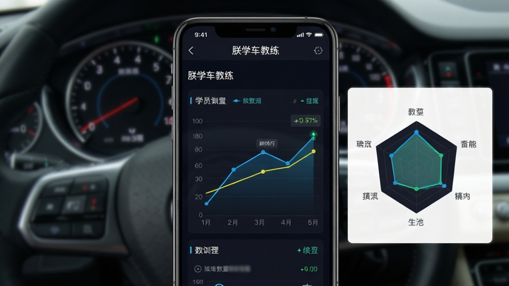 手机界面截图风格图片,展示“朕学车教练”应用内的学员训练数据图表页面,包含折线图和雷达图。背景为模糊的汽车仪表盘。布局以图表为中心,左右留白。风格为科技感UI设计,深色背景搭配亮色数据线条。细节上图表标注清晰,整体画质干净,无多余装饰。